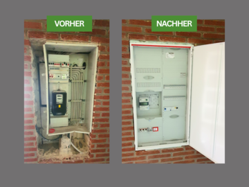 Ein Vorher-Nachher-Bild, das einen komplexen Sicherungskasten zeigt, der von den Elektrikern von Dreinemann und Konert fachmännisch umgebaut wurde.