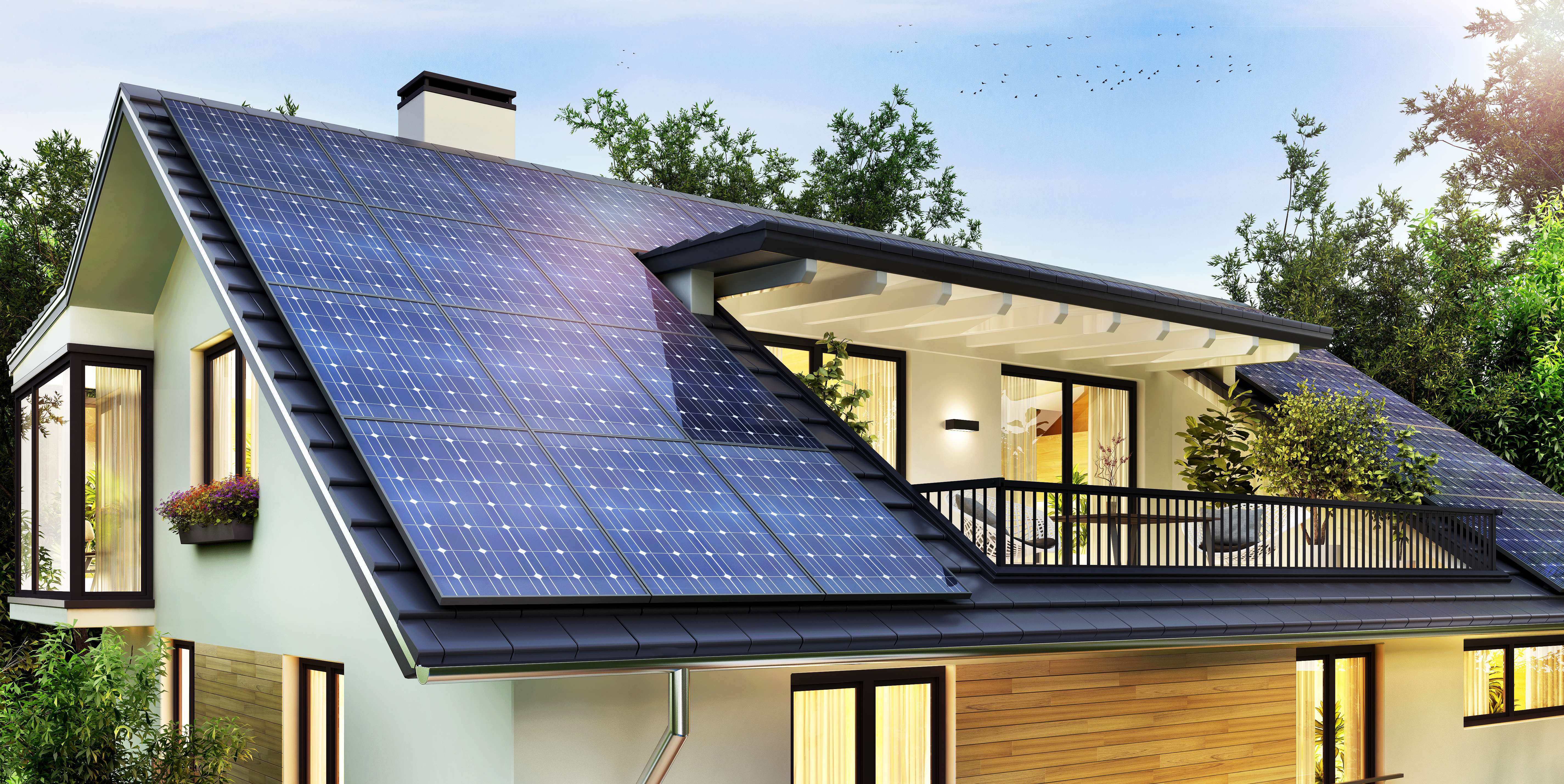 Eine Solaranlage auf einem Wohngebäude, wie sie von Dreinemann & Konert errichtet wird.